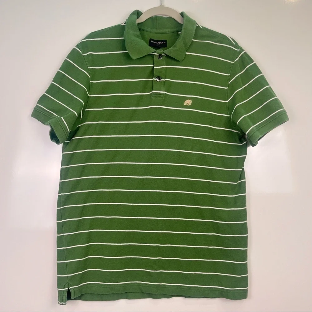 2/$30 Banana Republic Elephant Green Striped Polo Shirt for Men